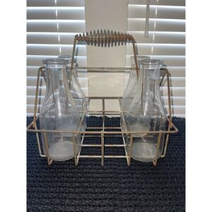 Vintage Glass Milk Bottles w/ Metal Carrier Crate 4 Bottles Wire‎ Basket